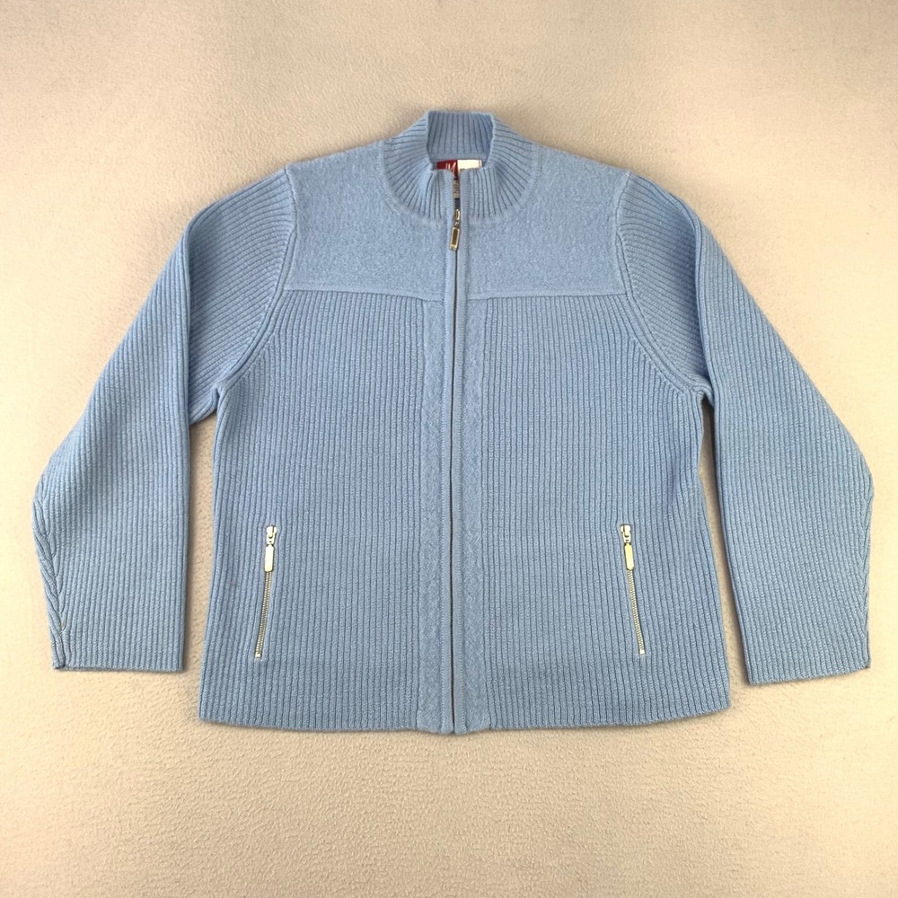 JM Collection Full Zip Wool Sweater XL Blue Mock Neck Ribbed Knit 100% Wool